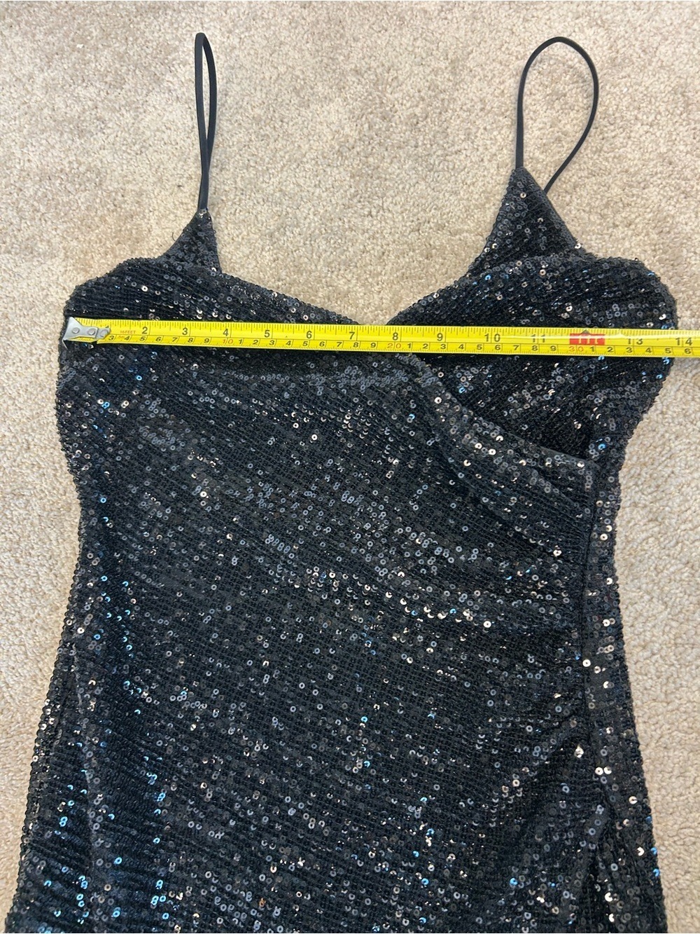 Black Sequin embellished Spaghetti Strap V-neck Formal Evening Gown high slit 8 - Picture 9 of 15